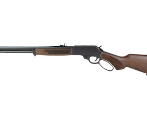 Side view of a pump-action shotgun with a wooden stock and forend, and a metal barrel.