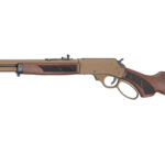 Side view of a double-barrel pump-action shotgun with a wooden stock and fore-end.