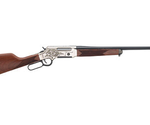 Lever-action rifle with a polished wooden stock and engraved silver receiver, long barrel extending to the right.