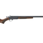 Lever-action rifle with wooden stock and fore-end, long barrel ready for use.