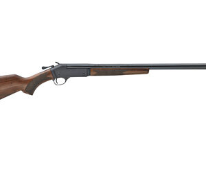 Lever-action rifle with wooden stock and fore-end, long barrel ready for use.