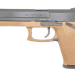 Side view of a semi-automatic pistol with a tan grip and dark slide, shown in profile on a white background.