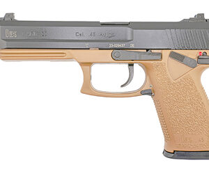 Side view of a semi-automatic pistol with a tan grip and dark slide, shown in profile on a white background.