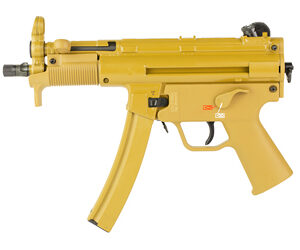 Yellow compact automatic firearm with a curved magazine and pistol grip, viewed profile.
