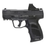 Compact black handgun with a mounted red dot sight on the slide.