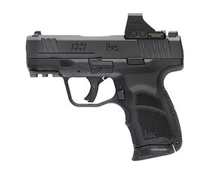 Compact black handgun with a mounted red dot sight on the slide.