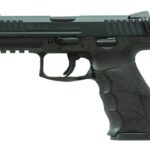 Side view of a black semi-automatic pistol with a textured grip and rail, shown from the left.