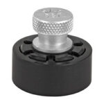 Silver knurled thumb screw on a black circular mounting base.