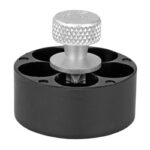 Knurled metal thumbscrew atop a black circular clamp base used for tightening or clamping objects