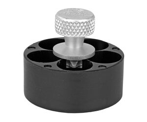 Knurled metal thumbscrew atop a black circular clamp base used for tightening or clamping objects
