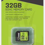 32GB SDHC memory card packaging with bright green label and HME logo, showing the card inside a plastic blister (informational)