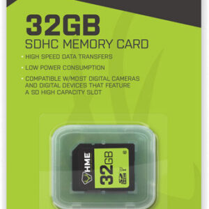32GB SDHC memory card packaging with bright green label and HME logo, showing the card inside a plastic blister (informational)