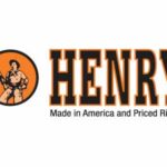 Henry logo: circular emblem with a man holding a rifle, bold orange-and-black 'HENRY' text, and the tagline ‘Made in America and Priced Right’.
