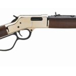 Side view of a lever-action rifle with a wooden stock and brass-colored receiver, long barrel, and iron sights.