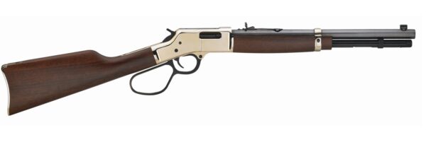 Side view of a lever-action rifle with a wooden stock and brass-colored receiver, long barrel, and iron sights.