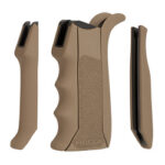 Three-part view of a tan folding utility knife with ergonomic grip and interchangeable blades.