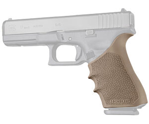 Semi-automatic pistol with a tan textured grip, shown in side profile