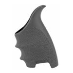 Ergonomic handgun grip with textured surface and finger grooves, branded Hogue.