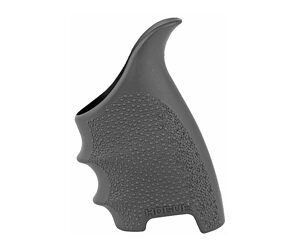 Ergonomic handgun grip with textured surface and finger grooves, branded Hogue.