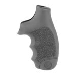Gray ergonomic rubber grip with finger grooves and textured surface for a handheld tool or device