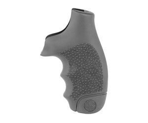 Gray ergonomic rubber grip with finger grooves and textured surface for a handheld tool or device