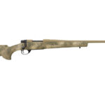 Camouflaged bolt-action rifle with a long barrel and wood-textured stock