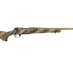 Camouflage-pattern bolt-action hunting rifle with a long barrel.
