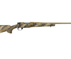 Bolt-action hunting rifle with tan camouflage finish and a long barrel shown in profile.
