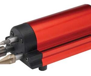 Red cylindrical power tool with three exchangeable chisel/drill bits protruding from the left, mounted on a base for bench use.