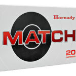 Box of Hornady MATCH rifle ammunition with a single bullet shown beside it, indicating 20 cartridges included