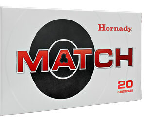 Box of Hornady MATCH rifle ammunition with a single bullet shown beside it, indicating 20 cartridges included