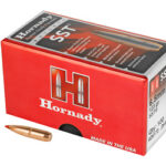 Red Hornady SST ammunition box with two copper hollow-point bullets beside it.