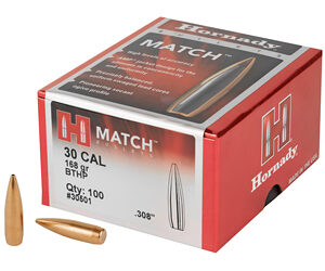 Red Hornady Match ammo box for .308 caliber, 168-grain BTHP rounds, with two bullets lying beside the box.