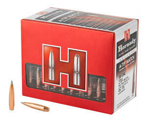 Red Hornady ammo box with two bullets beside it on a white background.