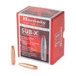 Red Hornady Sub-X bullet box with two copper-colored bullets lying beside it.