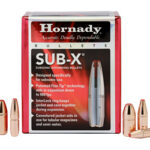 Hornady SUB-X subsonic handgun bullets in a red package, surrounded by copper-colored bullets.