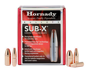 Hornady SUB-X subsonic handgun bullets in a red package, surrounded by copper-colored bullets.