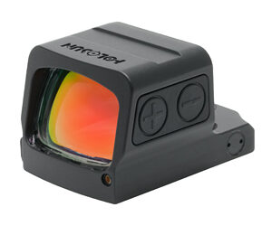 Compact black red-dot sight with orange-tinted window, mounted on a small rail, featuring two side adjustment dials.
