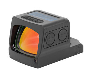 Compact red dot sight for firearms, with orange-tinted lens, two side adjustment buttons, and a mounting base.
