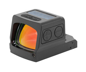 Compact red dot reflex sight with lens and two side adjustment buttons mounted on a base used for aiming.