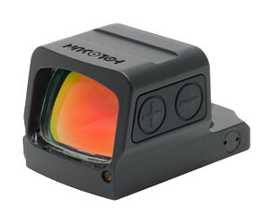 Black reflex/red-dot sight with orange-tinted lens, two side adjustment buttons, mounted on a rail for firearms