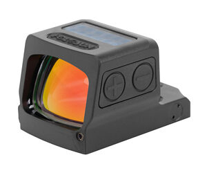 Compact red-dot reflex sight with orange-tinted lens and side adjustment dials on a mounting base