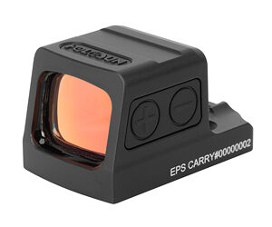 Compact red dot sight optic with orange lens mounted on a black rail base for firearms targeting
