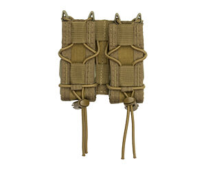 Twin tan tactical magazine pouches with elastic retention and MOLLE-compatible straps.