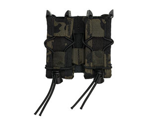 Triple tactical magazine pouch with camouflage fabric and adjustable retention straps (MOLLE-compatible).