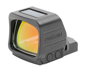 Holosun compact red-dot reflex sight with amber-tinted lens and dark gray housing on a mounting base.