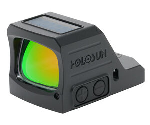 Holosun red-dot sight with solar panel on top, green lens, and mounting base for firearms