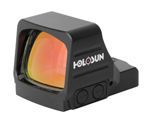 Holosun compact reflex red dot sight with orange-tinted lens on a white background