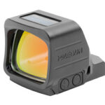 Holosun compact red dot sight with orange-tinted lens mounted on a firearm rail.