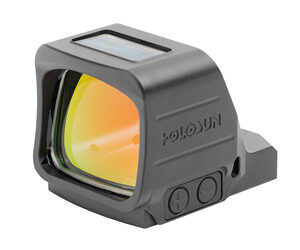 Holosun compact red dot sight with orange-tinted lens mounted on a firearm rail.